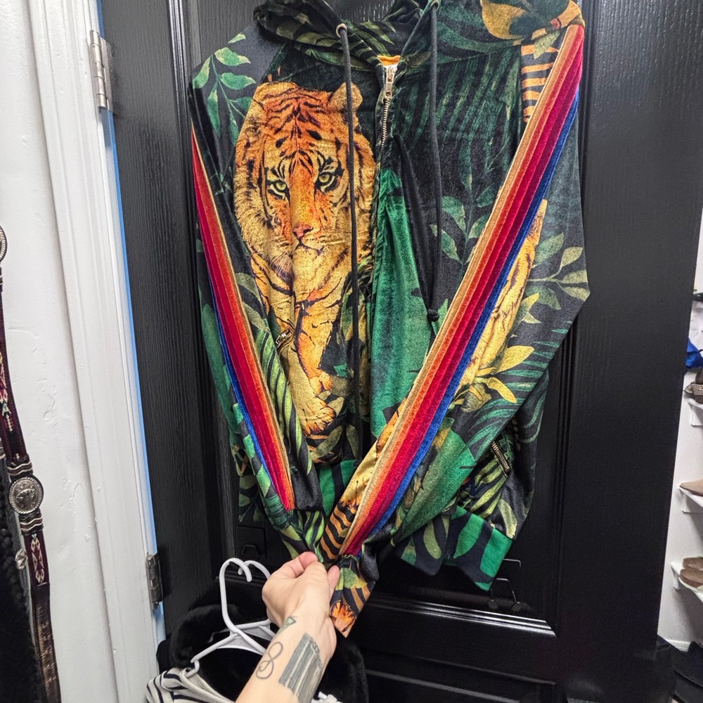 Aviator  nation tiger Print Velvet Hoodie with Rainbow Stripes